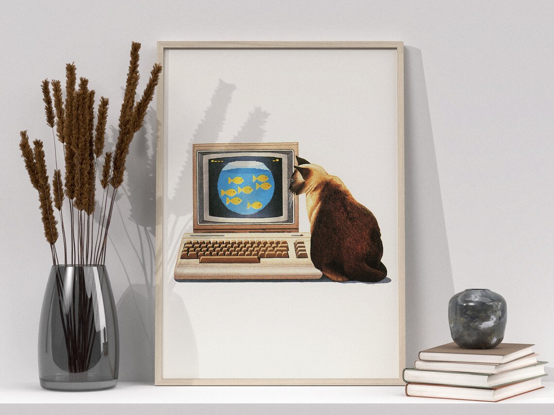 Siamese Cat Watching Goldfish on Vintage Computer Screen Poster