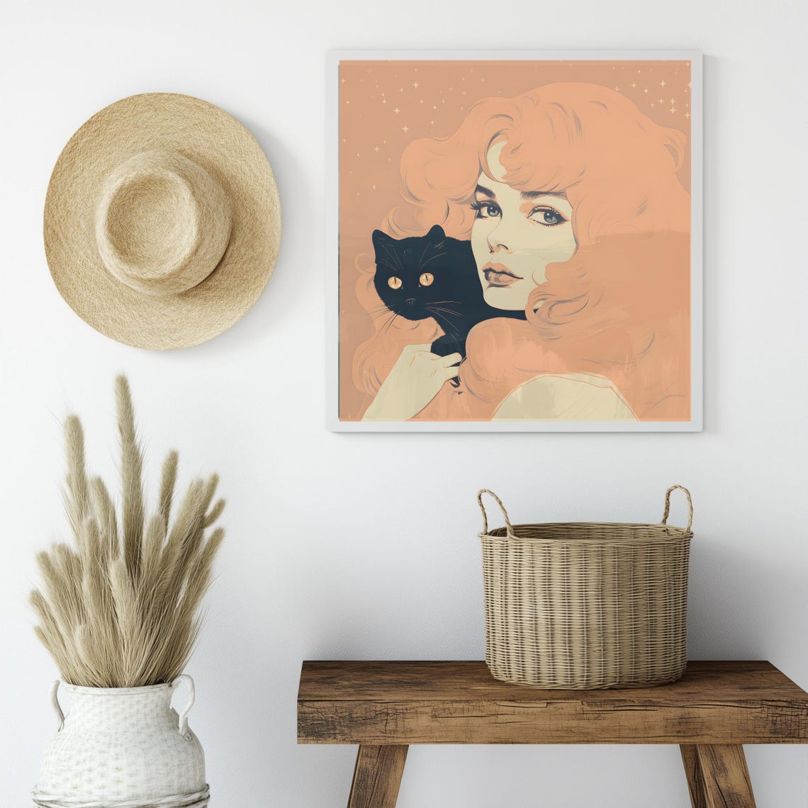 Dreamy Retro 70s Ginger Woman With Black Cat Celestial Art Print