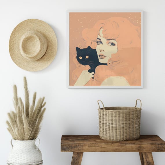 Retro 70s Wall Art Ginger Girl Black Cat Poster Boho Celestial Print Peach Decor Salon Gift For Her Hippie Room