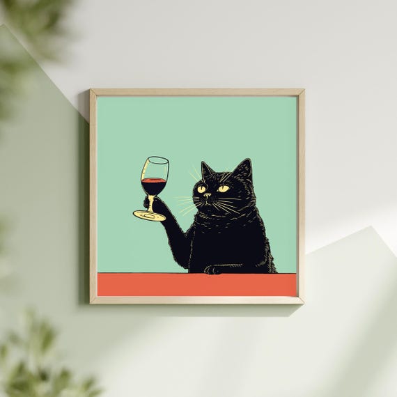 Cheers Wall Art Funny Black Cat Poster Cute Print Quirky Wine Decor For Lovers Your Bar Cart