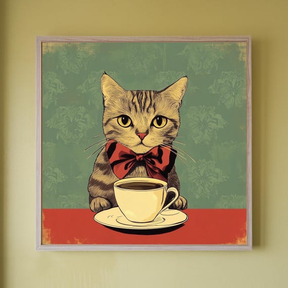 Quirky Tabby Cat Poster Vintage Bowtie Wall Art Funny Coffee Print Dark Academia Home Decor Gifts For Lovers