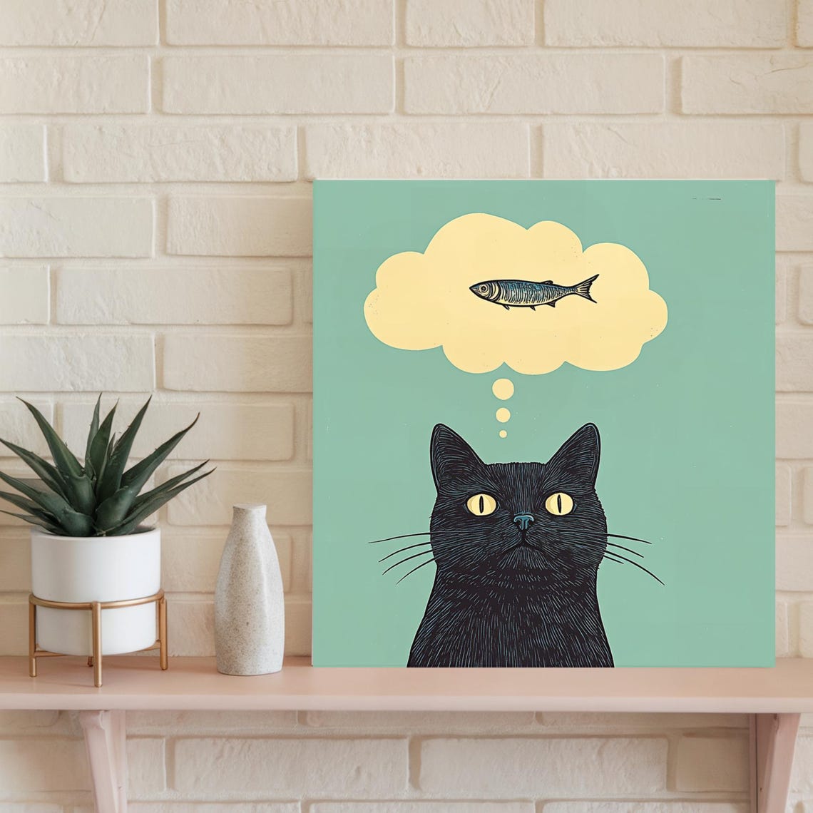 Black Cat Daydreaming Of A Sardine Thought Bubble Retro Poster