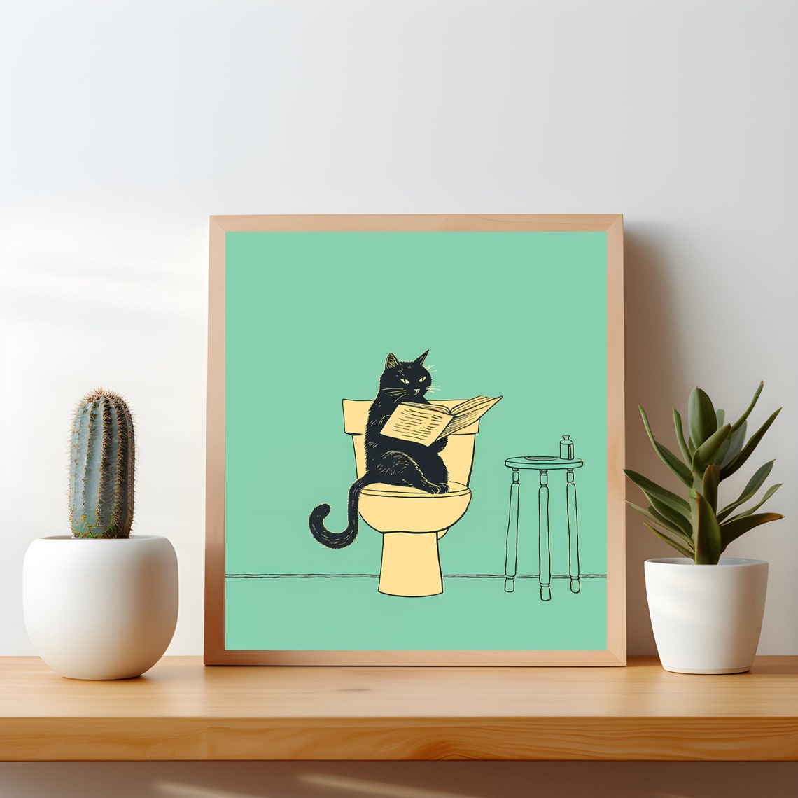 Black Cat Reading Newspaper on Toilet Funny Illustration Poster