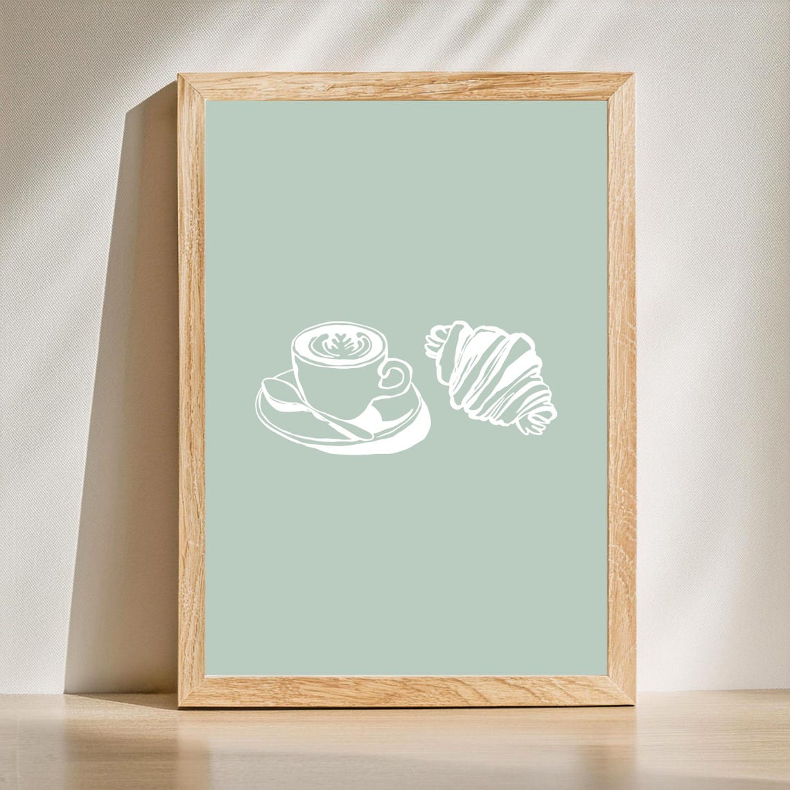 Minimalist Coffee and Croissant Sage Line Art Kitchen Poster