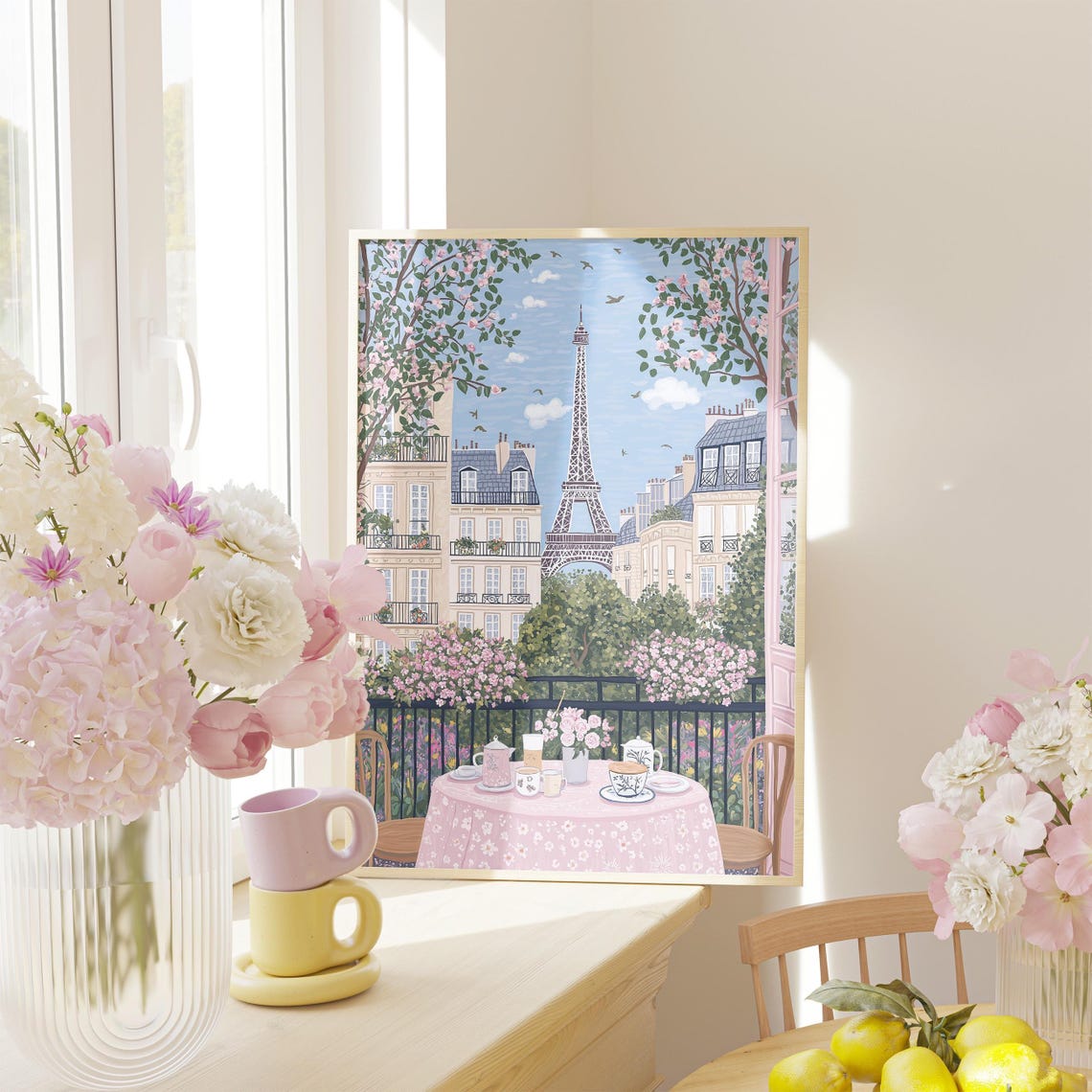 Paris Balcony Pastel Poster With Tea Set and the Eiffel Tower
