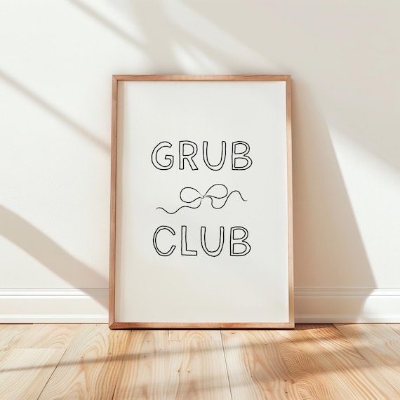 Grub Club Cute Bow Outline Typography Funny Kitchen Decor Poster