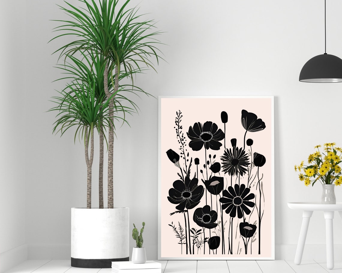Black Wildflower Bouquet Silhouette Cream Modern Botanical Art Poster - Image 2