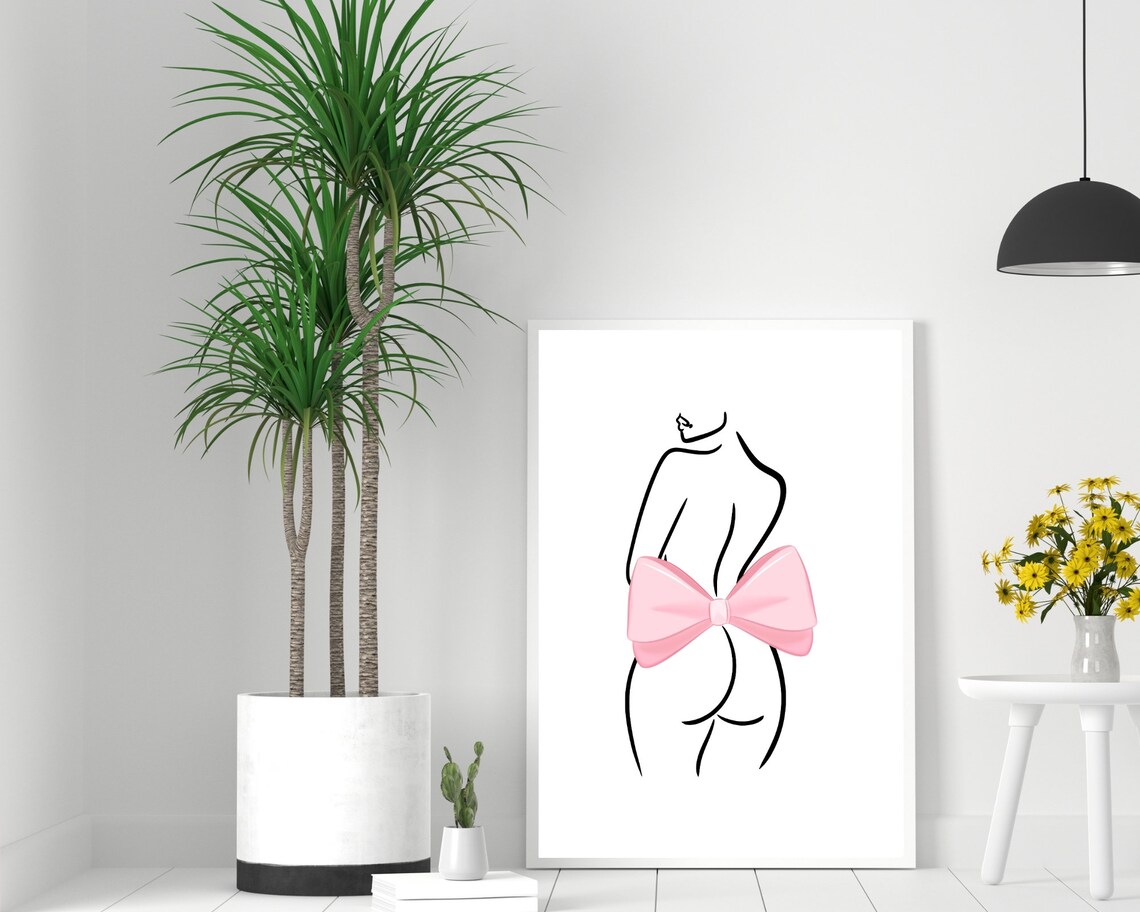 Minimalist Line Art Woman With Large Pink Bow Elegant Poster - Image 2