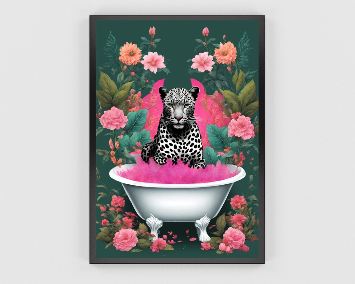 Black Leopard In A Bath Art Print, Safari Bathroom - Image 3