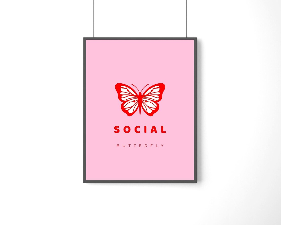 Social Butterfly Red Butterfly Pink Preppy Typography Art Poster - Image 2