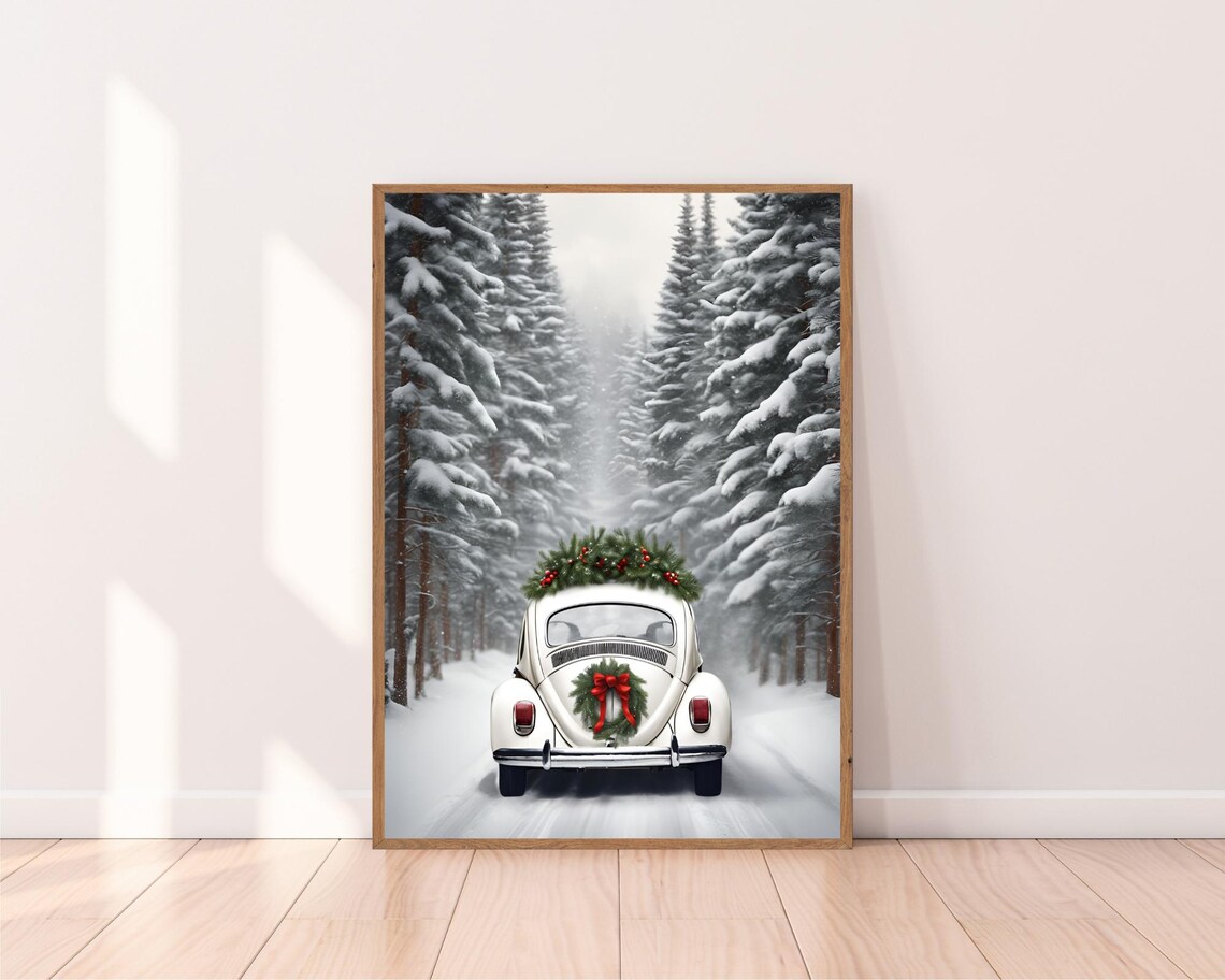 Christmas Wall Art Print Vintage Christmas Car Prints Wall Art Christmas Truck Poster Winter Wall Art Christmas Trees Painting - Image 2