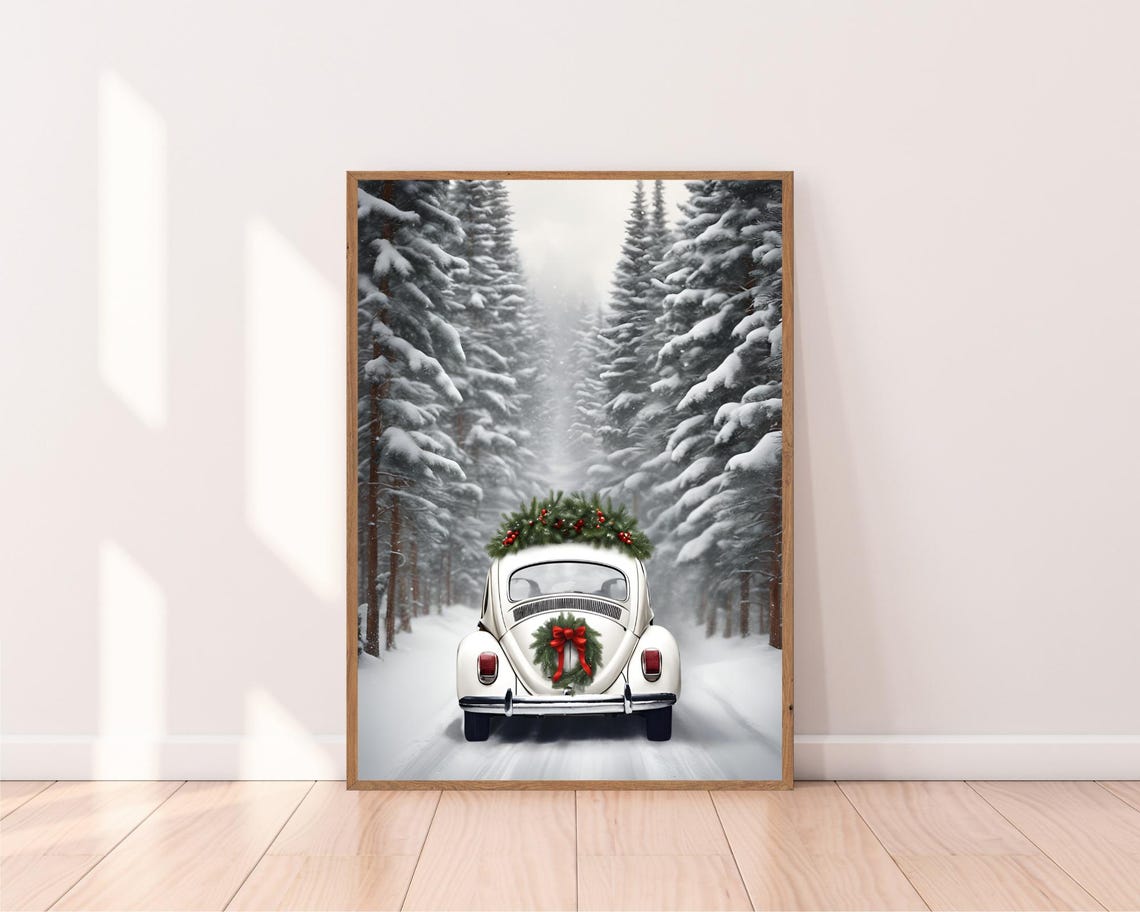 White Volkswagen Beetle Christmas Wreath Snowy Forest Road Poster - Image 2