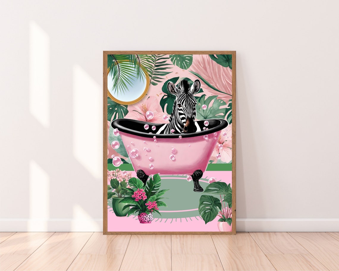 Zebra Pink Bathtub Art Bubble Bath Tropical Bathroom Wall Print - Image 2