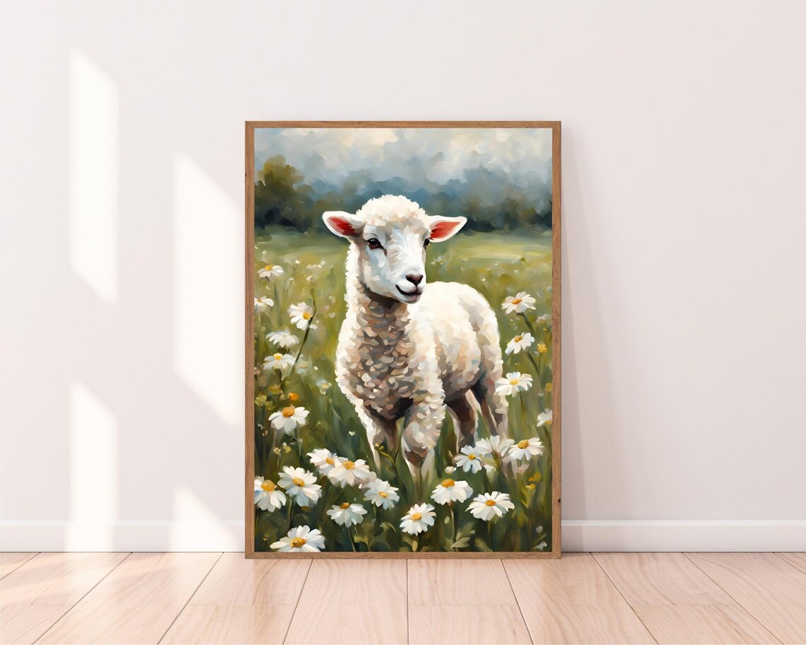 Spring Easter Lamb Art Print, Wildflowers Nursery Decor - Image 2