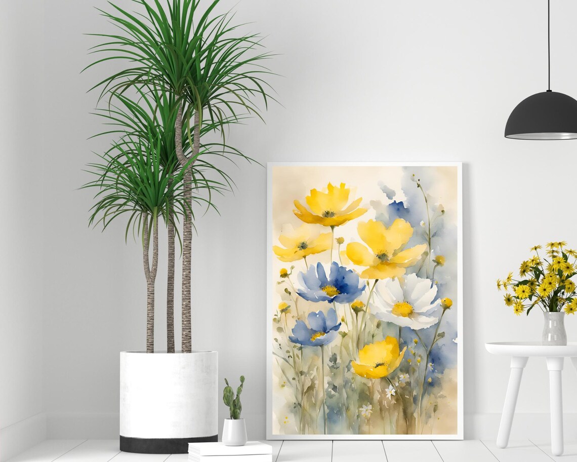 Yellow Blue White Poppies Watercolor Wildflowers Floral Art Poster - Image 2