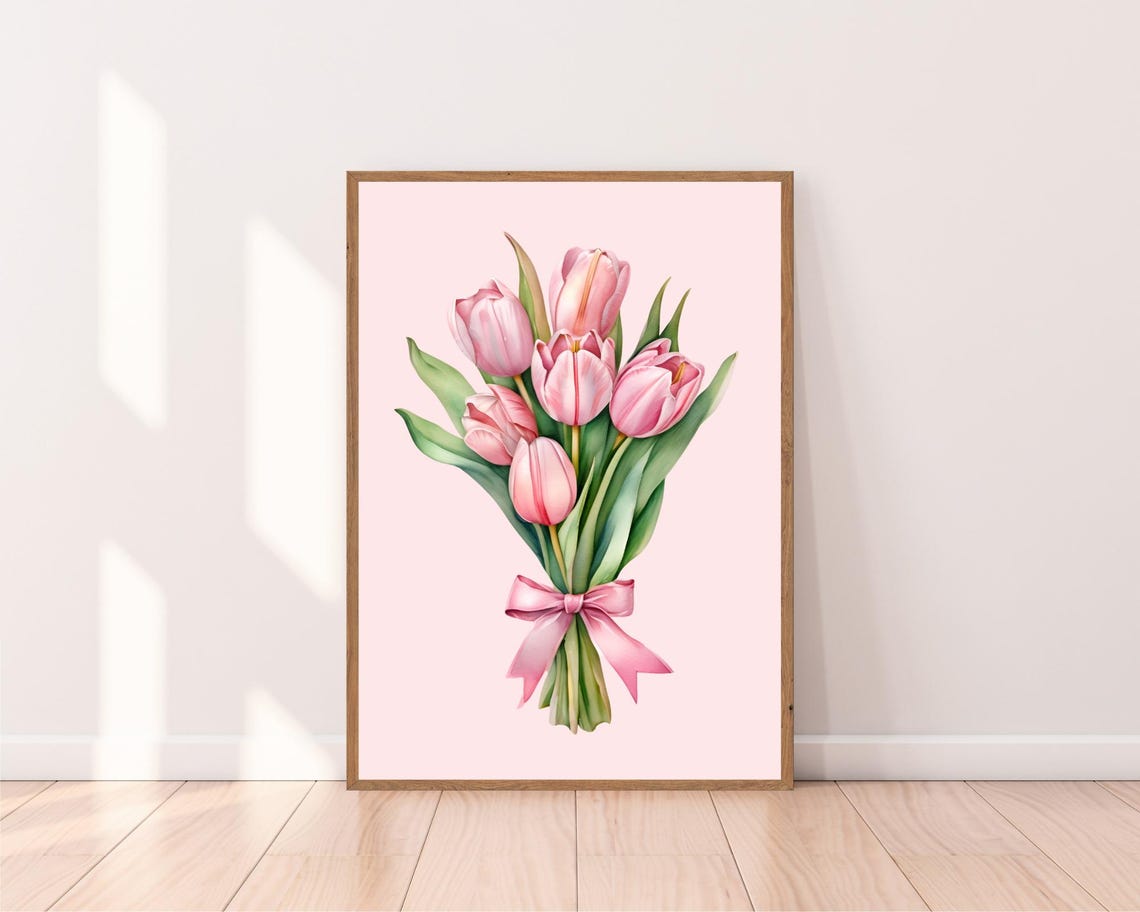 Pink Tulip Bouquet Tied with a Bow Watercolor Spring Decor Poster - Image 2