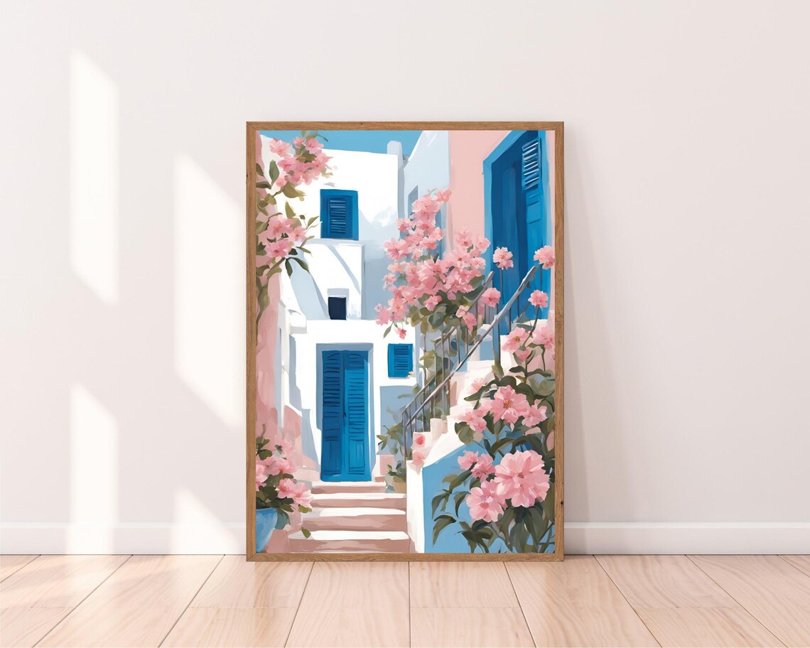 Whitewashed Greek Alley with Blue Doors and Blossoms Travel Poster - Image 2