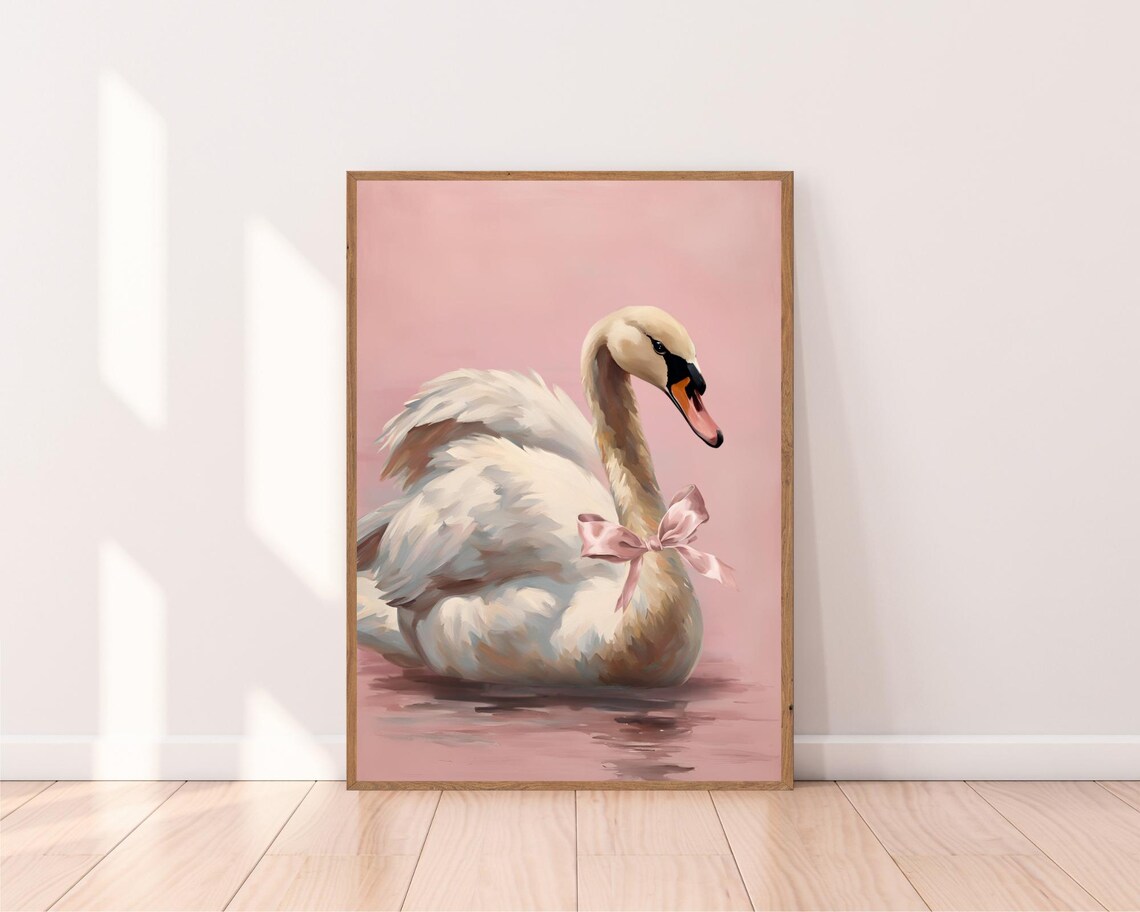 White Swan with Pink Bow Floating in Pink Water Elegant Poster - Image 2