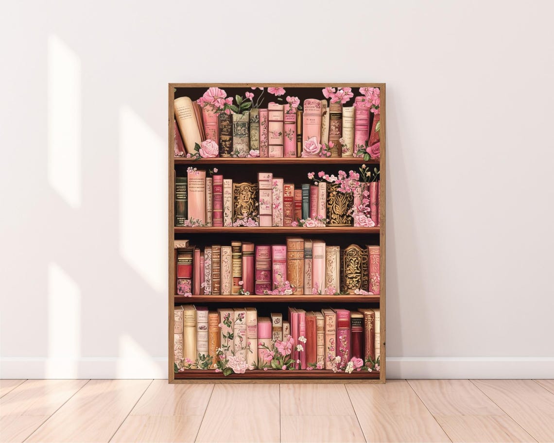 Vintage Pink Bookshelf with Roses Cozy Library Reading Poster - Image 2