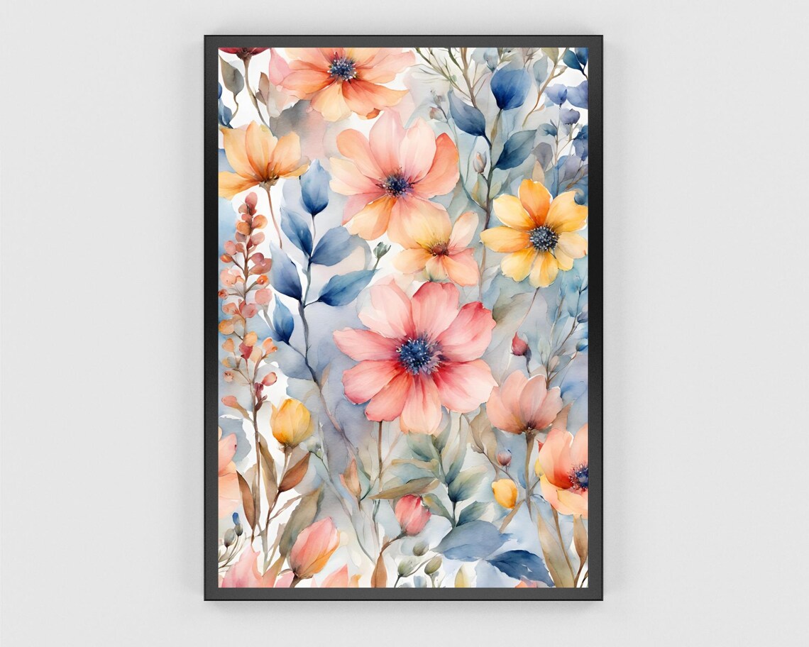 Peach Pink Floral Watercolor Blooming Wildflowers Garden Poster - Image 3