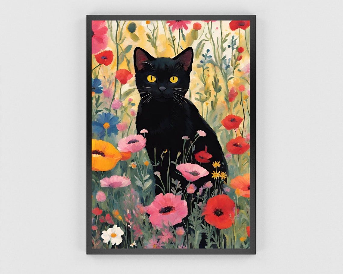 Black Cat And Flowers Art Print Garden Flowers Cat Wall Art Black Cat And Plants Illustration Vibrant Flowers Vintage Style Feline Poster - Image 3