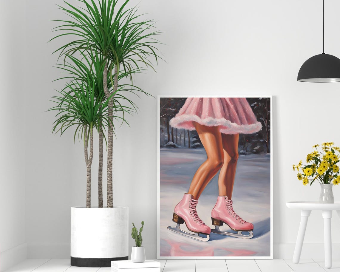 Pink Ice Skates Fur Trim Skirt Snowy Winter Scene Wall Poster - Image 2