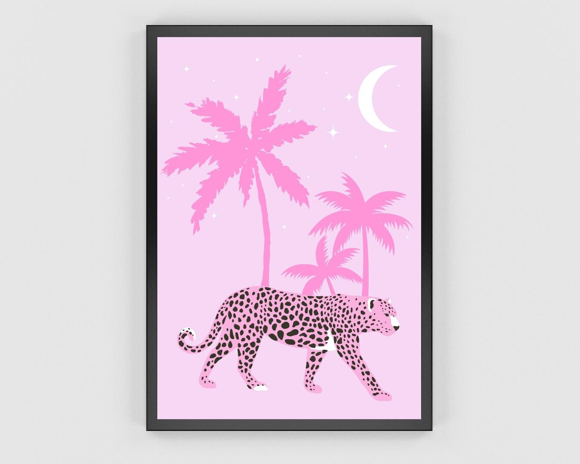 Tropical Leopard Art Print, Pastel Pink Home Decor - Image 2