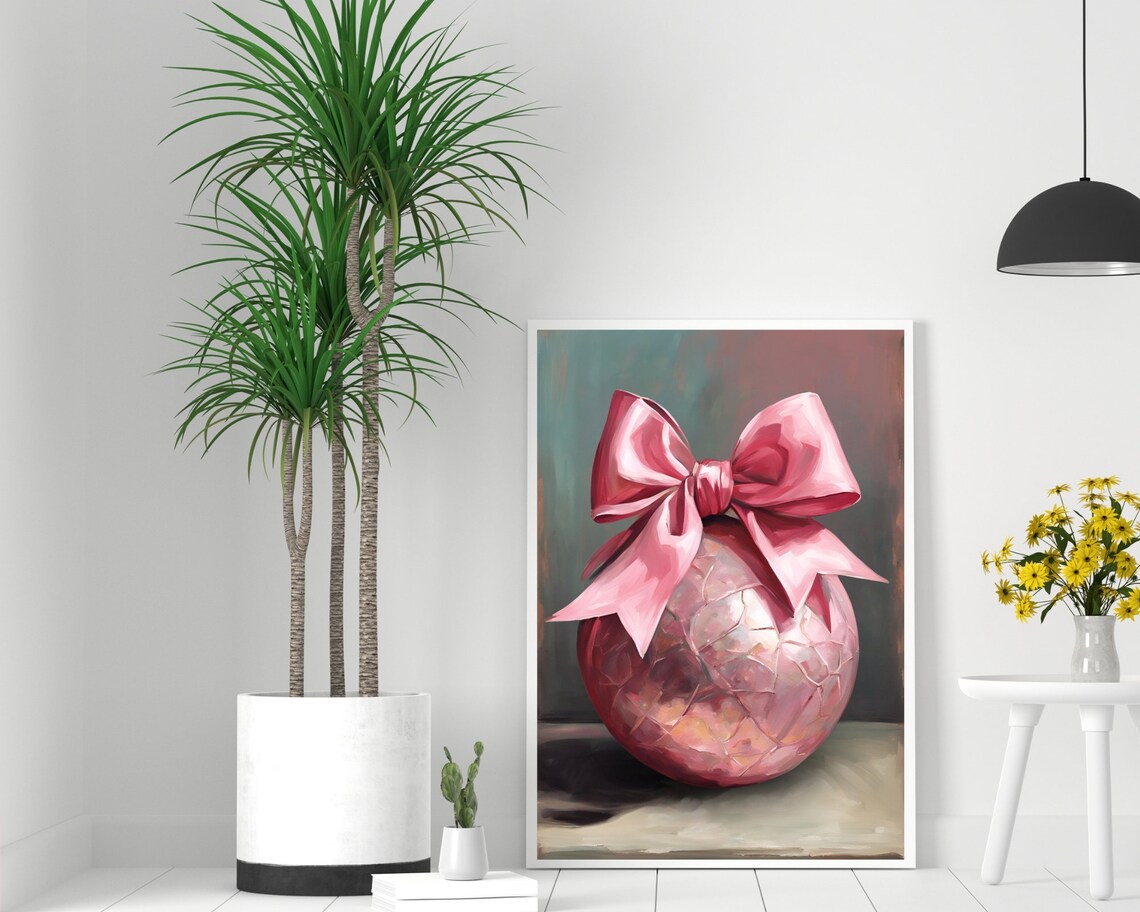 Pink Glass Christmas Bauble With Pink Satin Bow Holiday Poster - Image 2