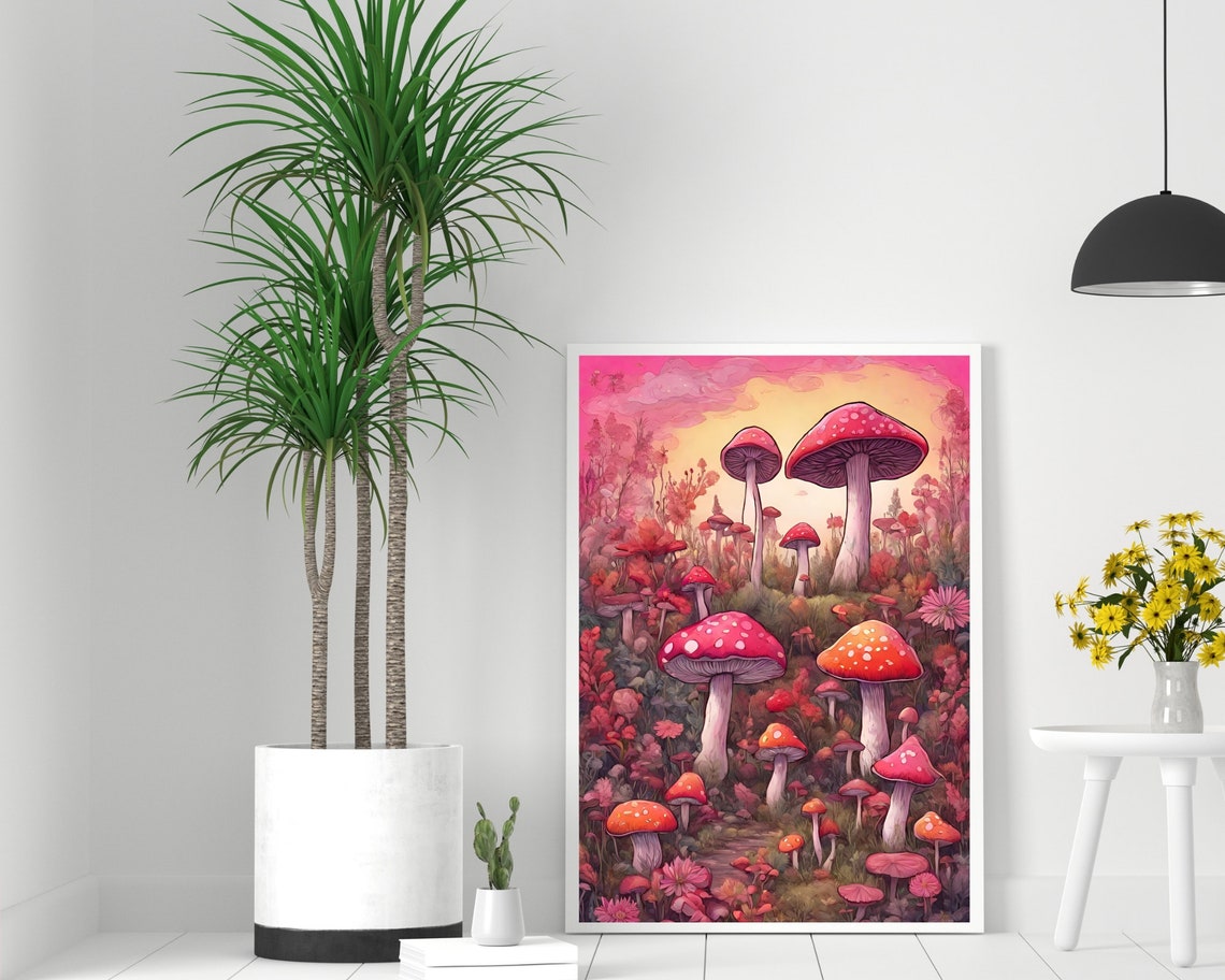 Pink Mushroom Wonderland Forest Art Whimsical Toadstool Print - Image 2