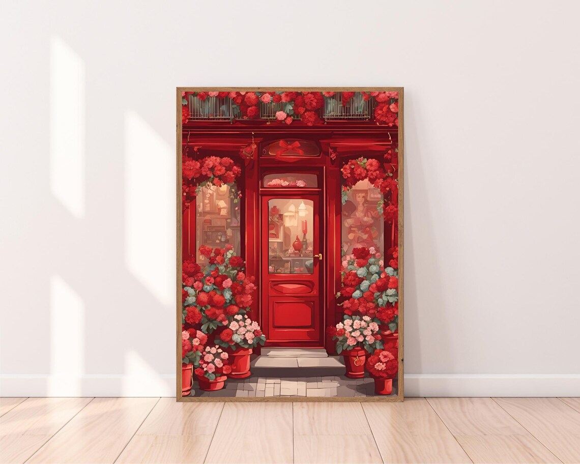 Red Flower Shop Storefront with Blossom Door European Decor Poster - Image 2