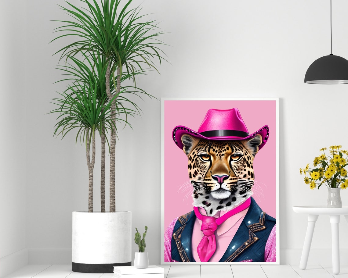 Leopard Cowboy In Pink Hat And Shirt Retro Western Portrait Poster - Image 2