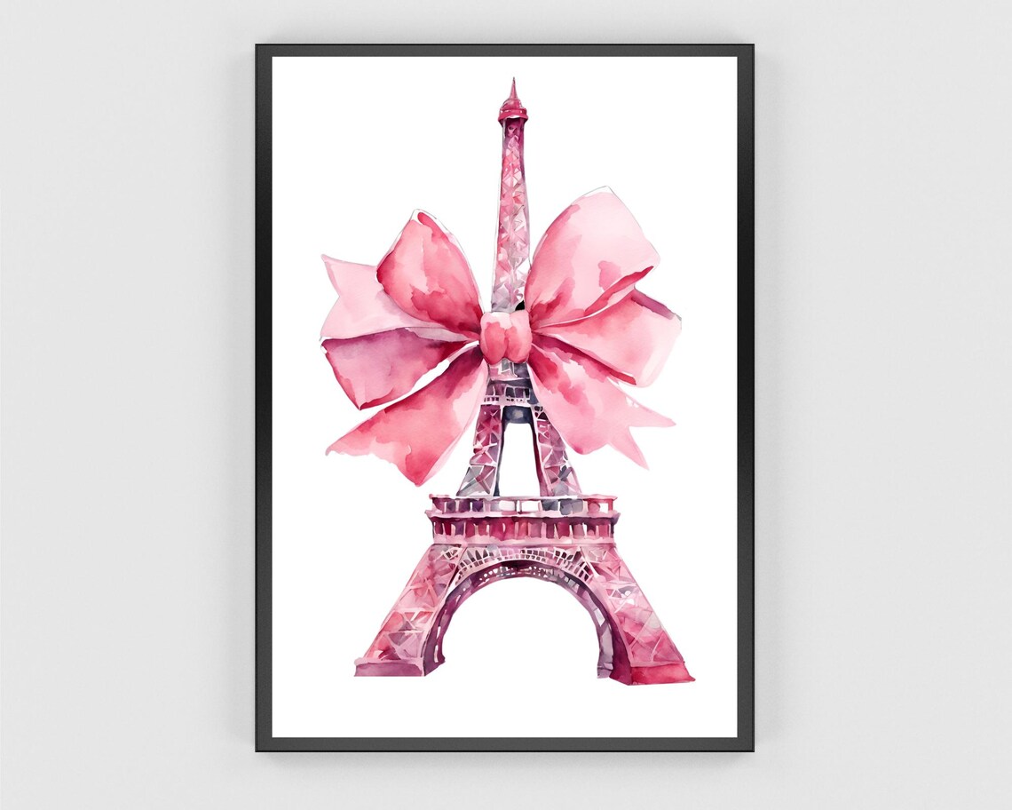 Paris Eiffel Tower Pink Bow Watercolor Art Print - Image 3