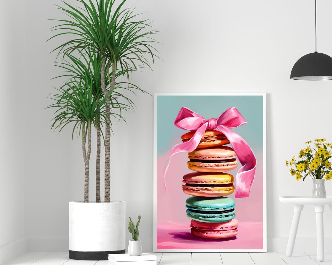 Macaron Art Print Pastel Wall Art French Macaron Art Pink Food Poster Pink Bow Coquette Aesthetic Kitchen Painting Foodie Gift Girlie Decor - Image 2