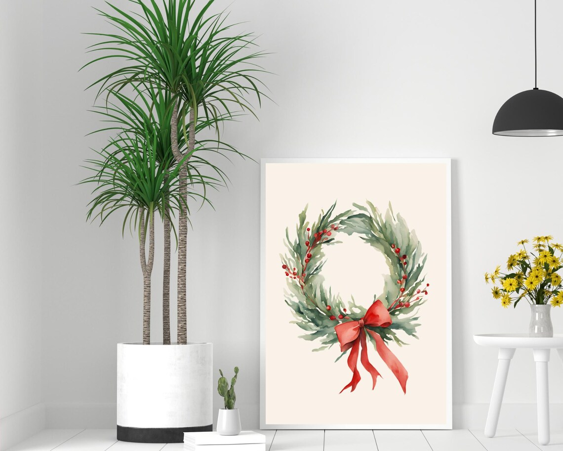 Christmas Wreath with Red Bow Watercolor Minimalist Decor Poster - Image 2