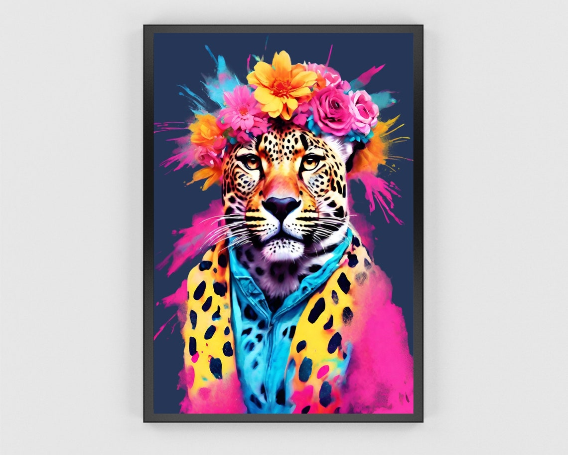 Colorful Leopard Fashion Portrait Print Fashionista Leopard Wall Art Altered Animal Poster Maximalist Leopard Funky Animal Preppy Prints - Image 3