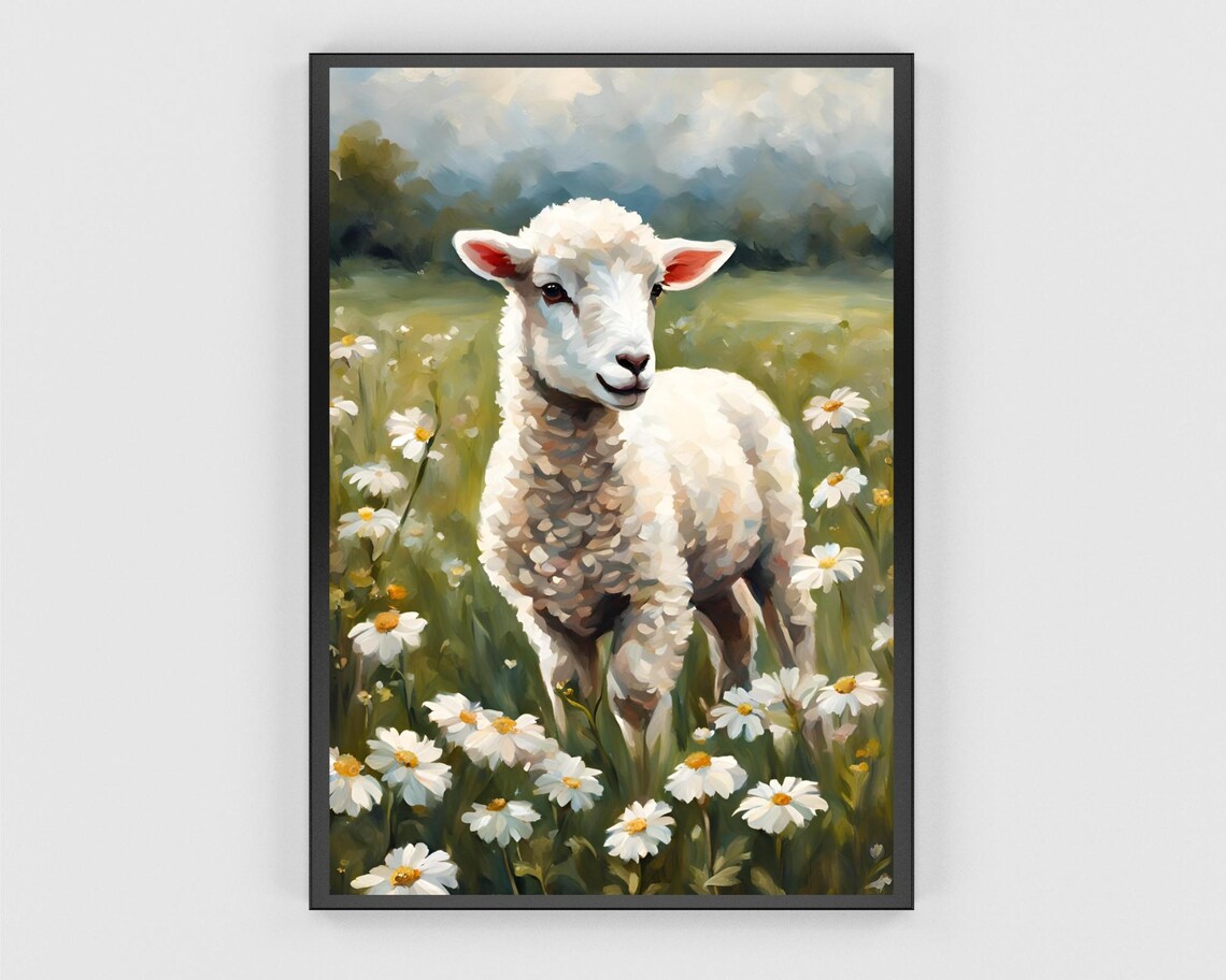Spring Easter Lamb Art Print, Wildflowers Nursery Decor - Image 3