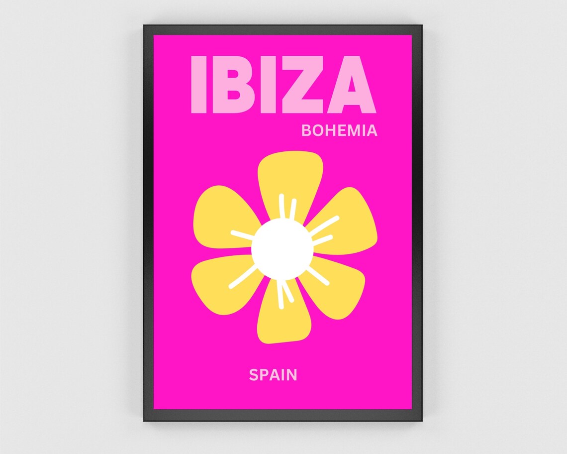 Ibiza Bohemia Spain Travel Destination Yellow Flower Hot Pink Poster - Image 2