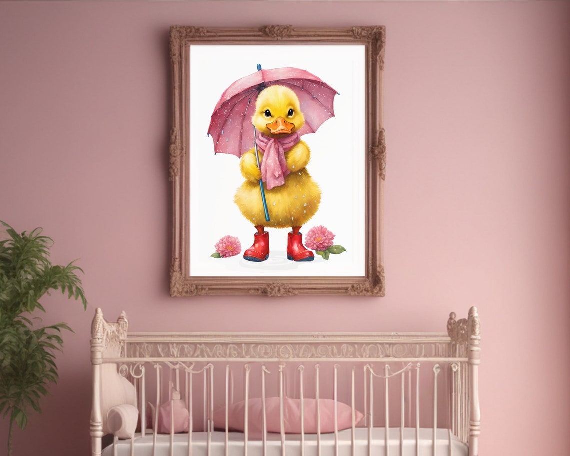 Cute Duckling Pink Umbrella Red Boots Rainy Day Nursery Poster - Image 2