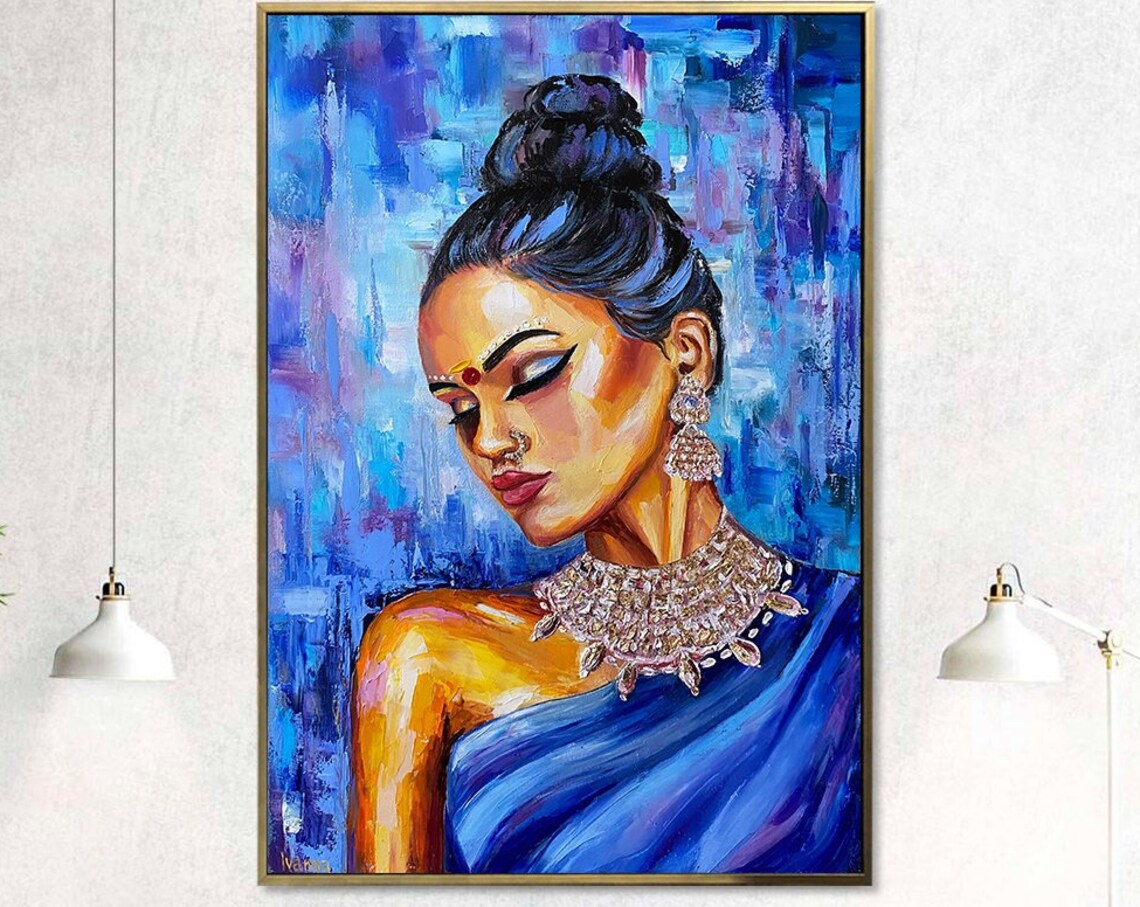 Indian Woman In Blue Sari Silver Jewelry Ethnic Portrait Painting