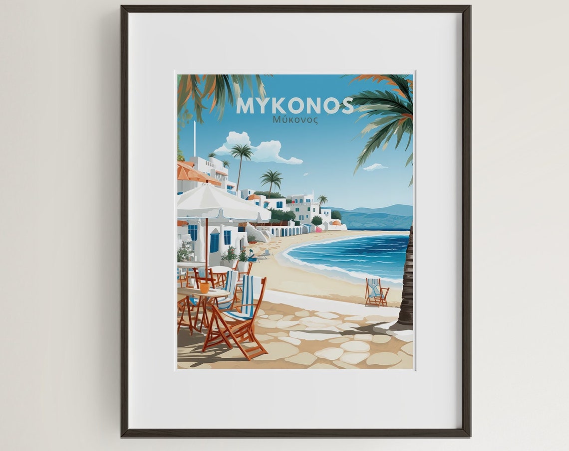 Mykonos Greece Beach Cafes Palms White Buildings Summer Poster - Image 6