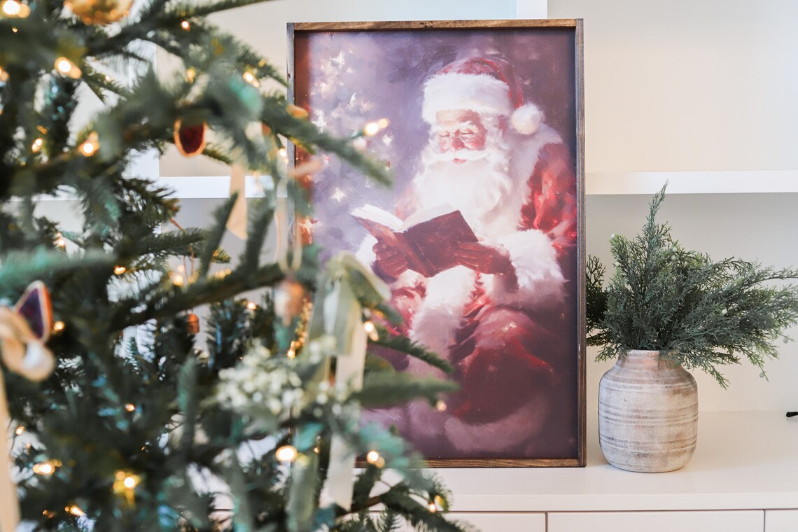 Vintage Santa Claus Reading Book Cozy Christmas Eve Painting Poster