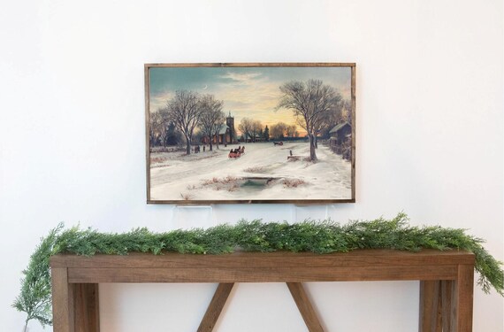 Snowy Moonlit Village Street With Church And Sleighs Vintage Winter Poster