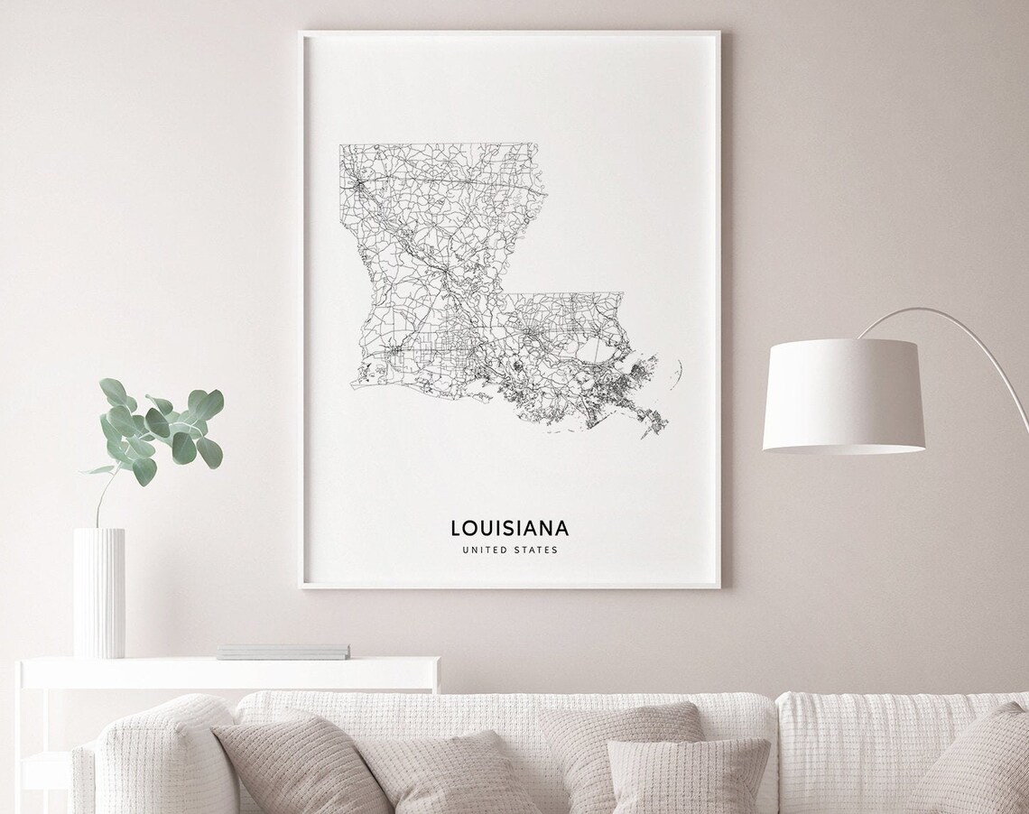 Louisiana Map Print, Modern State Road Poster