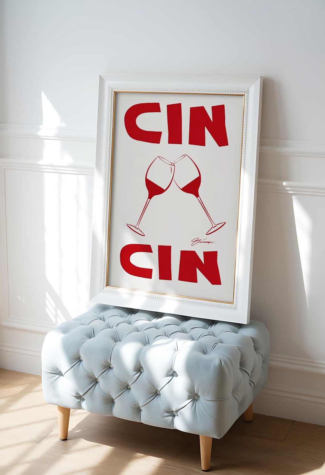 Cin Cin Red Lettering with Two Clinking Wine Glasses Italian Bar Cart Art Poster - Image 3