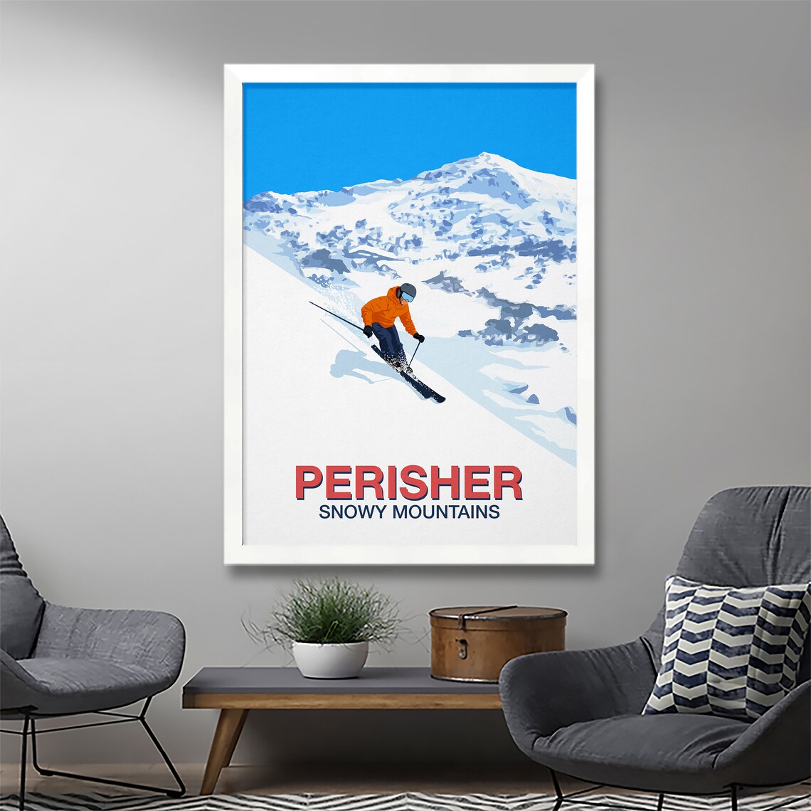 Perisher Ski Resort Poster with Powder Skier Snowy Mountains Australia - Image 3