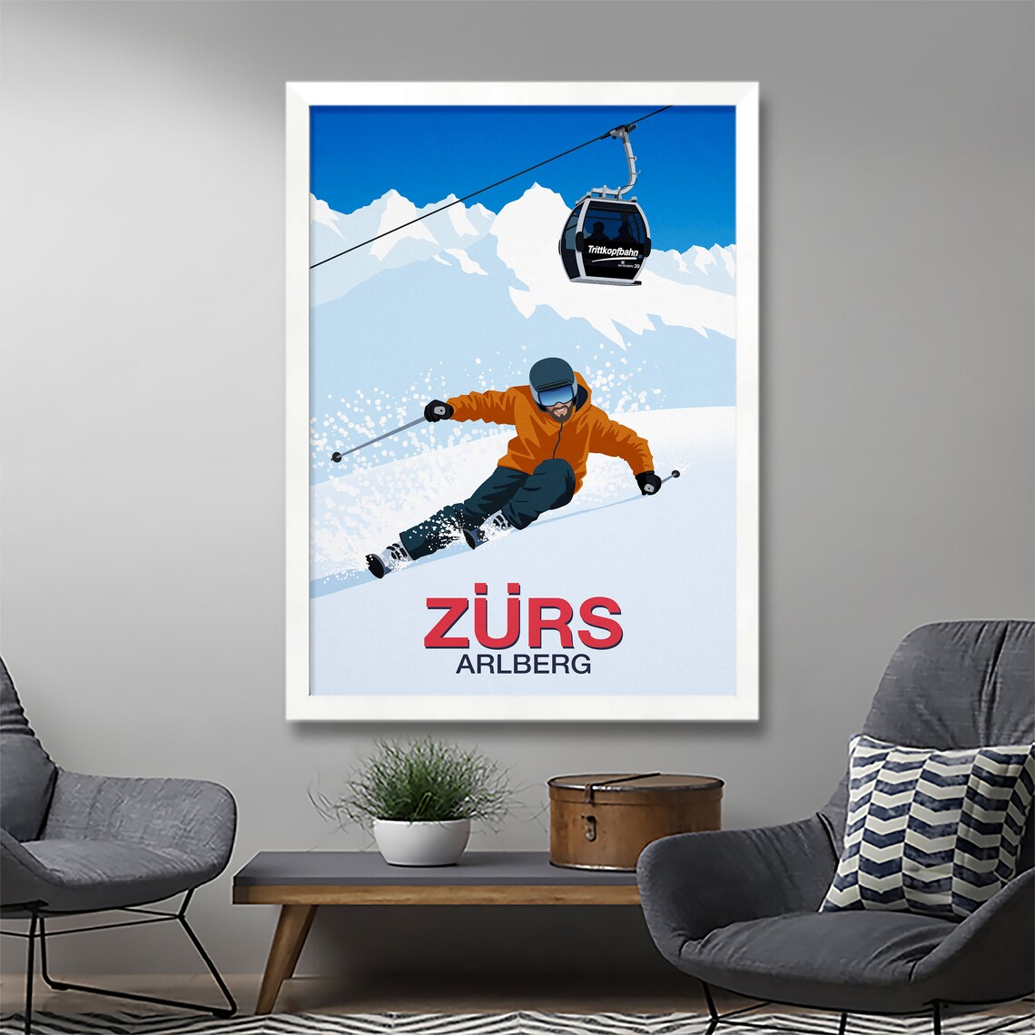 Zurs Arlberg Vintage Trittkopfbahn Gondola Alpine Ski Resort Poster - Image 2
