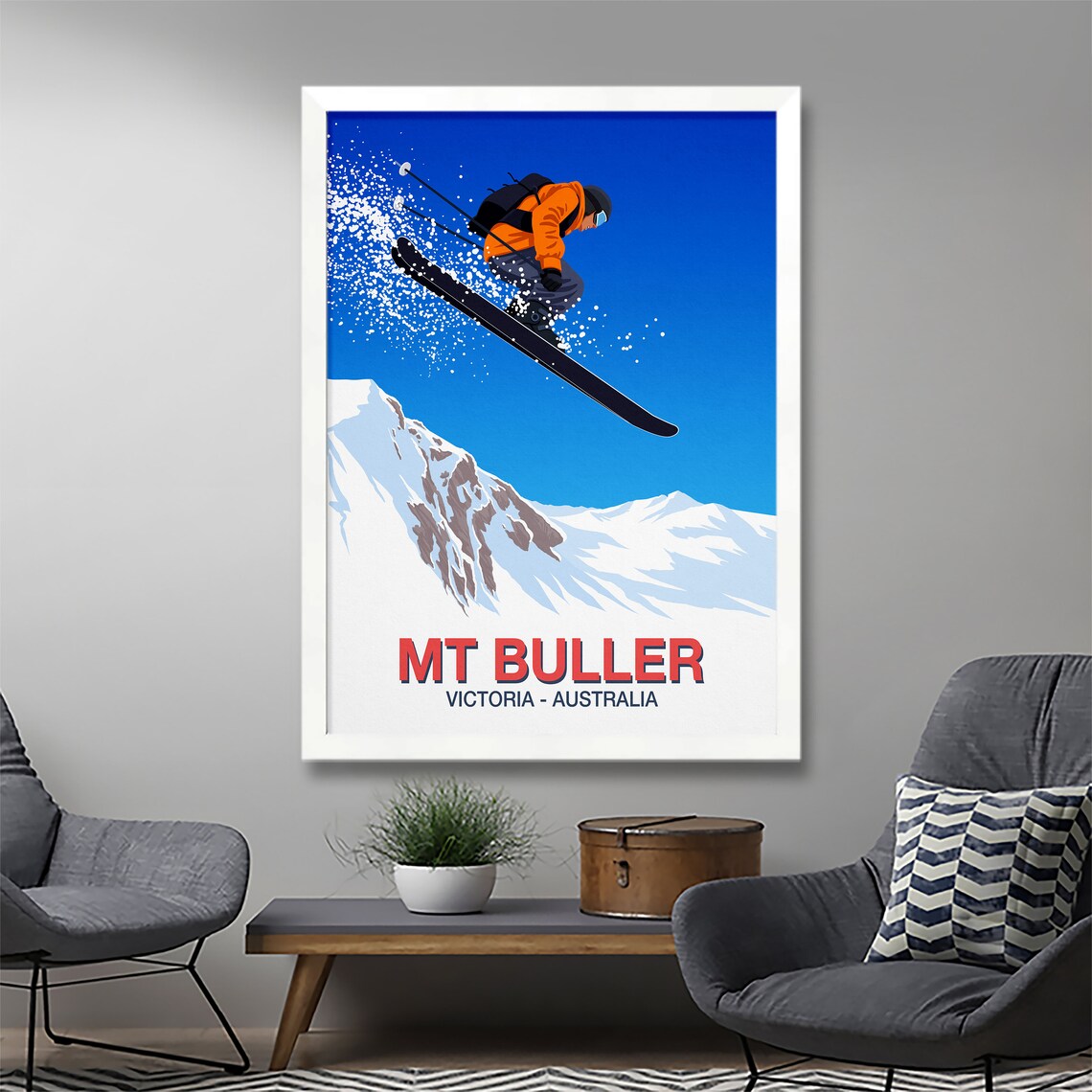 Mt Buller Ski Poster with Jumping Skier in Victoria Australia Peaks - Image 3