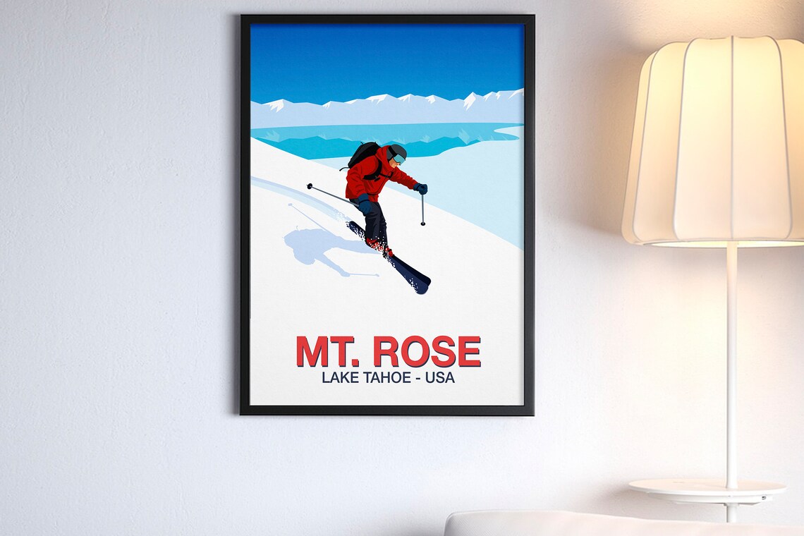 Mt Rose Ski Poster with Skier Carving Above Lake Tahoe USA Peaks - Image 4
