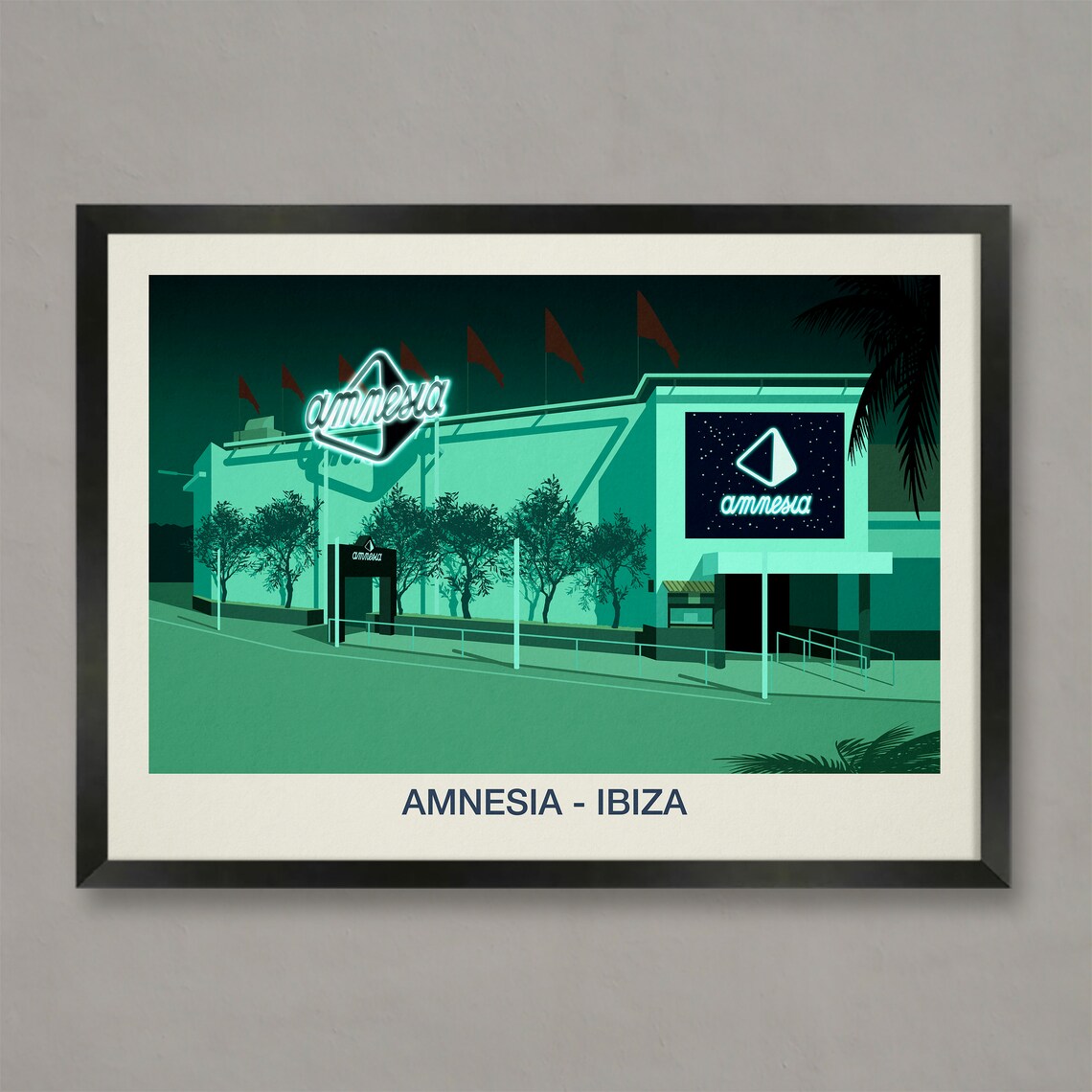 Amnesia Ibiza Nightclub Poster with Glowing Neon Sign at Night Venue