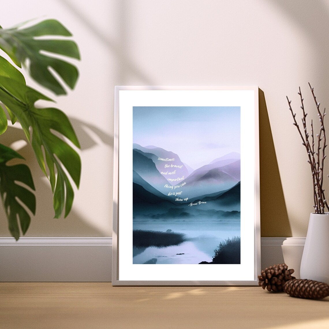 Brene Brown Just Show Up Misty Blue Mountain Lake Watercolor Poster - Image 5